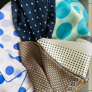 Lot of 5 silk polka dot scarves white/blue/black